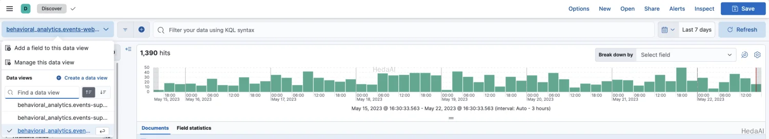 データビュードロップダウンメニューを示す分析Discoverアプリ