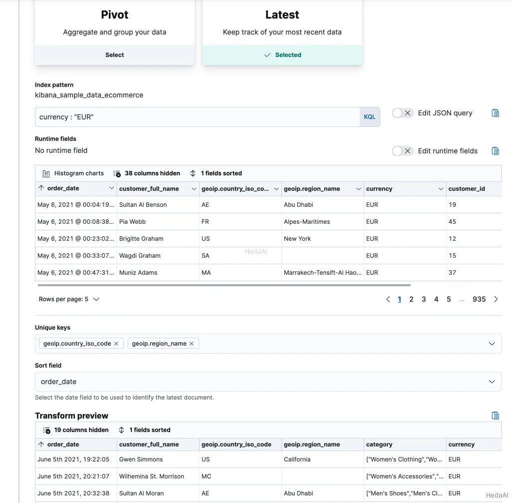 Kibana での最新の変換の作成