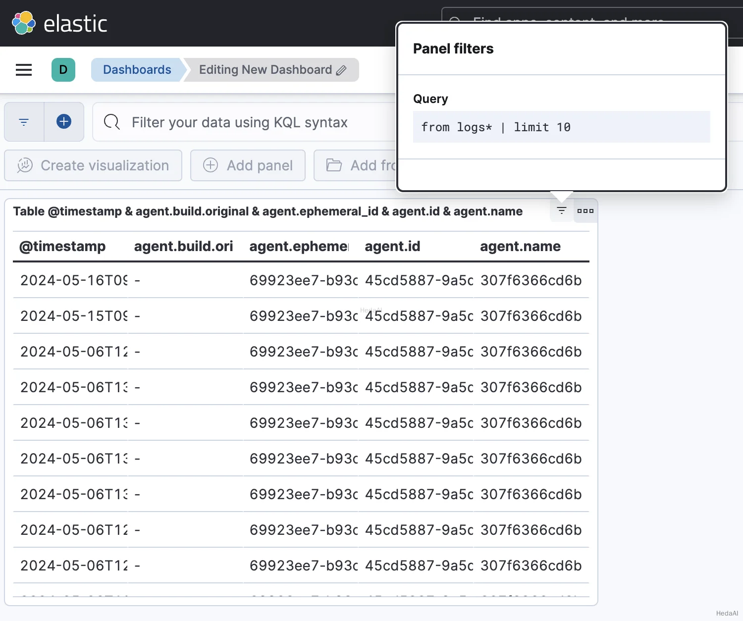 esql dashboard panel query