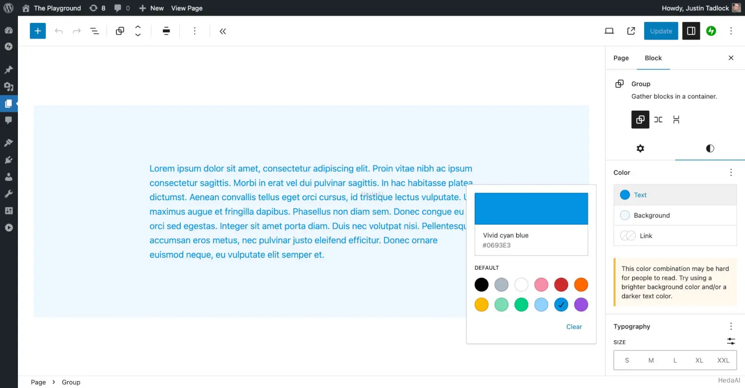 段落を包むグループのWordPress投稿エディター。右側のサイドバーでテキストカラーオプションが強調表示されています。