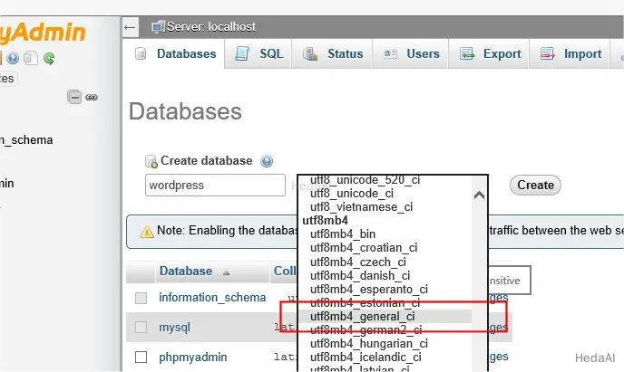 utf8mb4_general_ciが選択されたphpMyAdminの言語エンコーディングドロップダウン