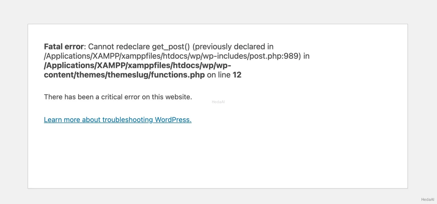 get_post() 関数を再宣言できないというエラーメッセージのスクリーンショット。すでに宣言されています。