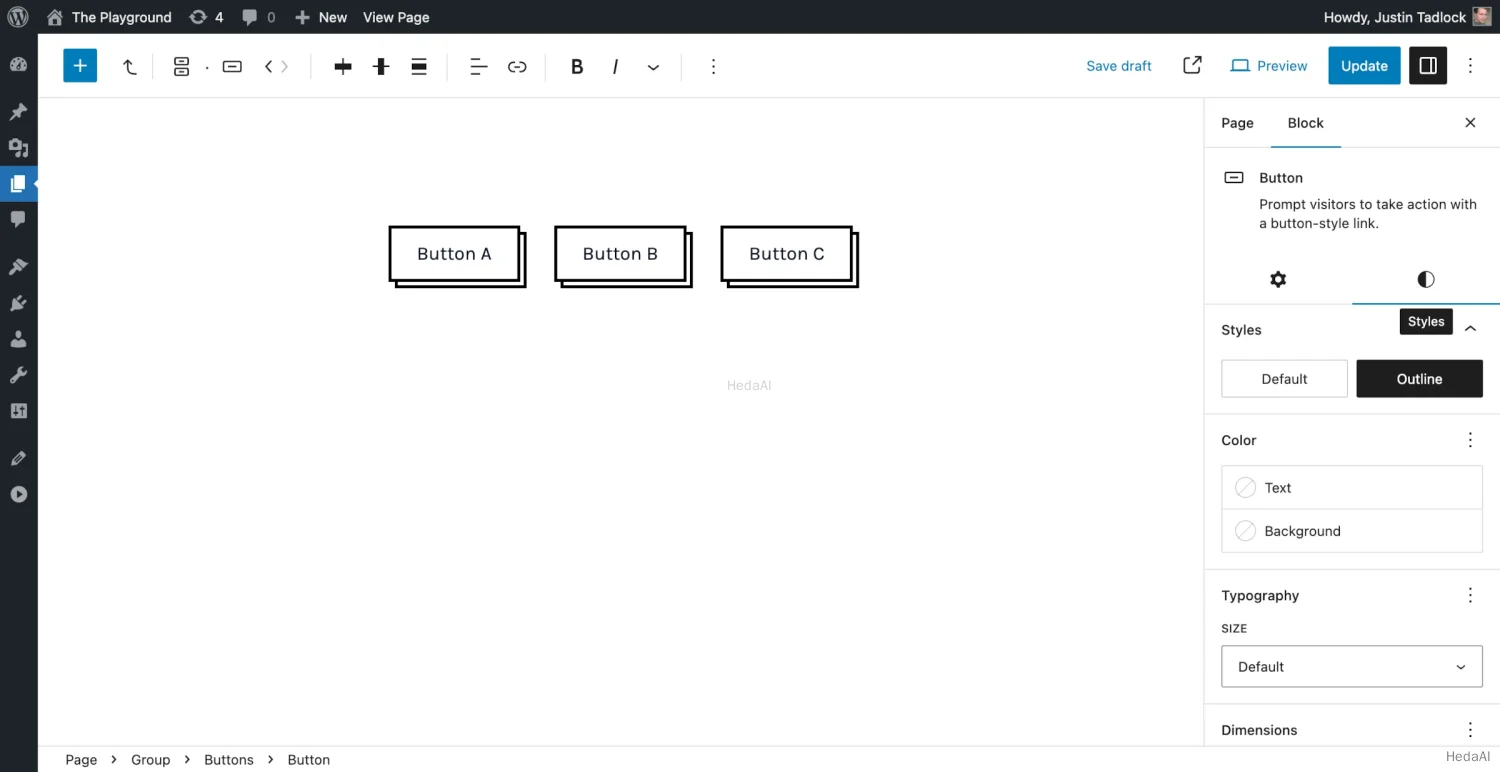 コンテンツキャンバス内に3つのアウトラインボタンを表示している WordPress 投稿エディタ。各ボタンにはソリッドボーダーのドロップシャドウがあります。