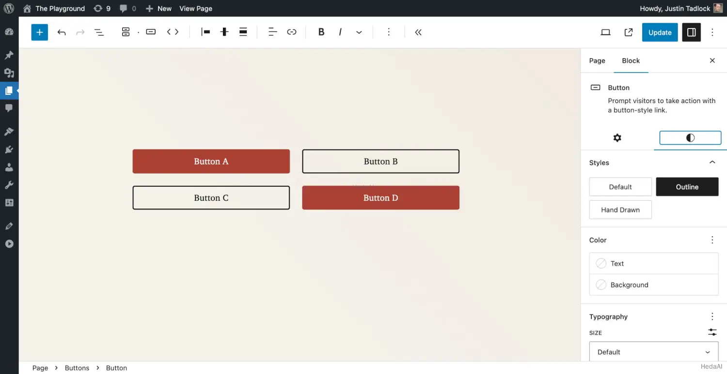 WordPress投稿エディタで4つのボタンブロックが2x2グリッドに配置されています。2つのボタンは塗りつぶされた背景を持ち、他の2つはアウトラインです。