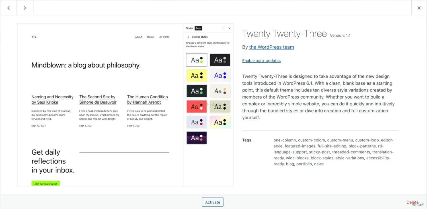 WordPressテーマ画面にTwenty Twenty-Threeモーダルオーバーレイが表示されています。テーマのスクリーンショット、説明、およびメタデータが表示されています。