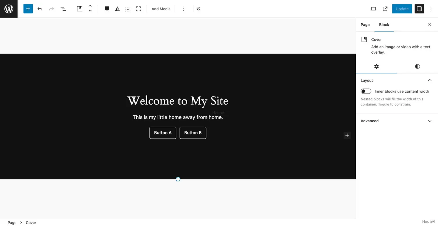 黒い背景に白いテキストで「Welcome to My Site」というメッセージが表示されているWordPress投稿エディター。カバー ブロックにラップされています。