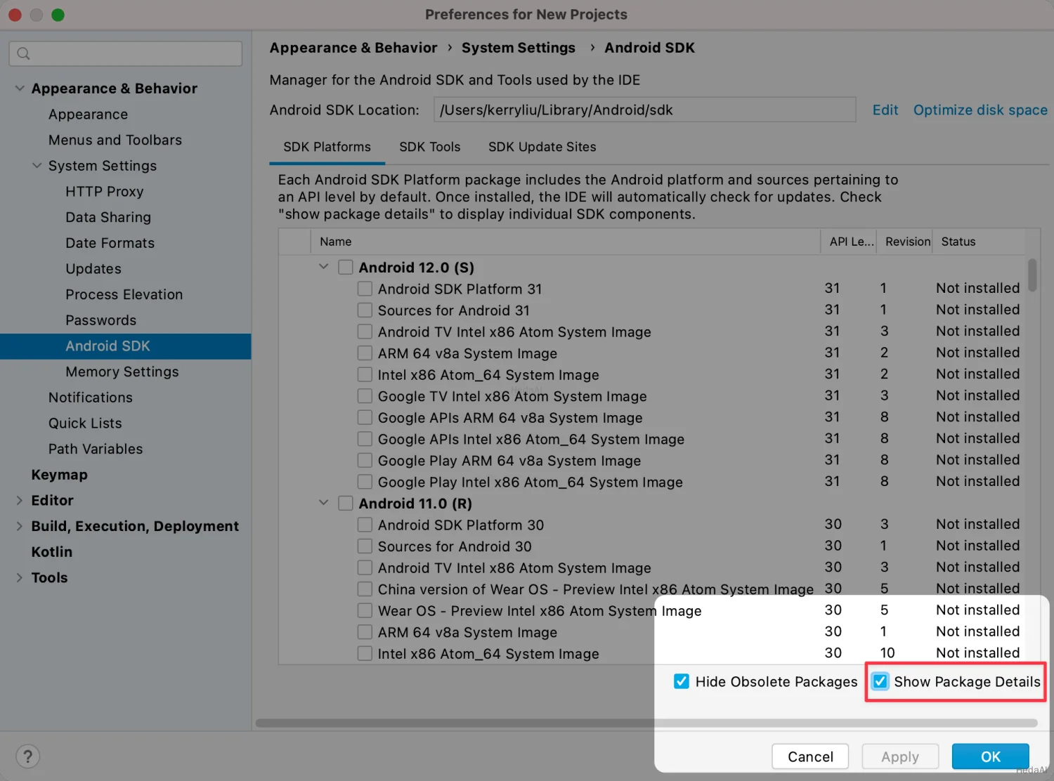 Android Studioのパッケージマネージャーのスクリーンショット、パッケージの詳細を表示するチェックボックスを強調表示。