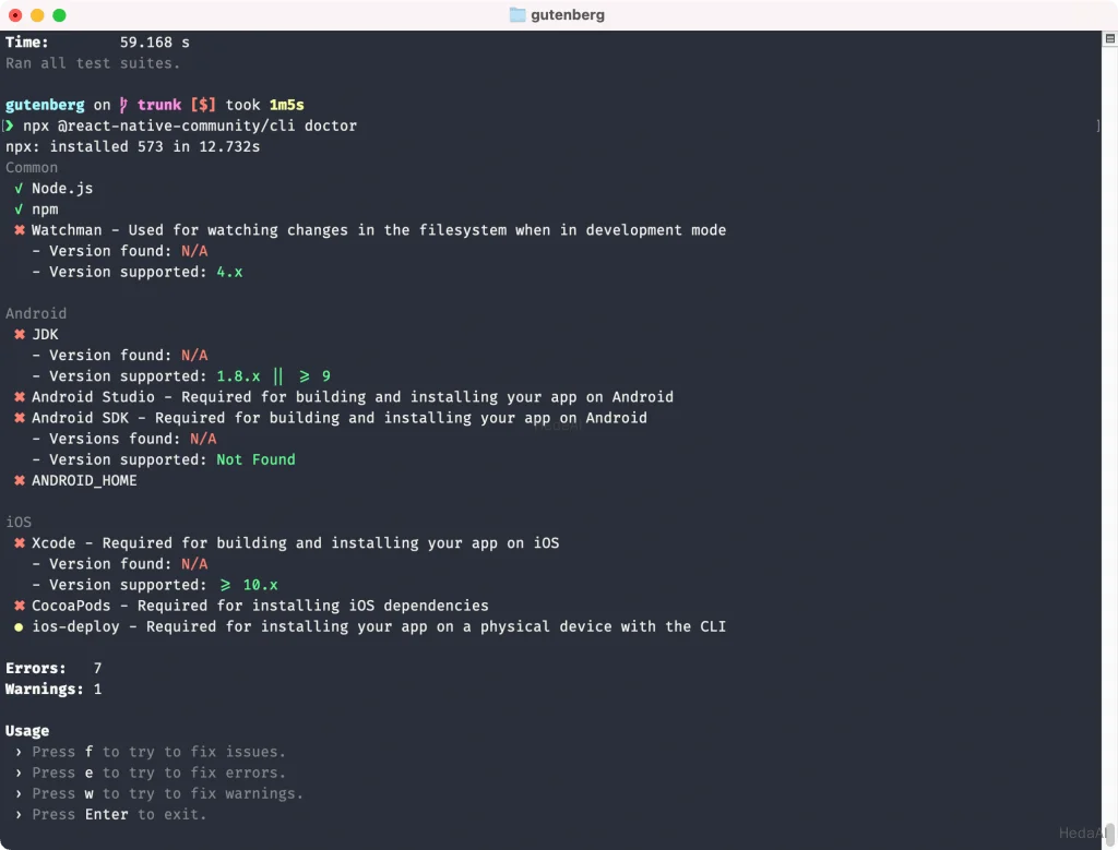 ターミナルで実行中のreact-native-community/cli doctorツールのスクリーンショット。