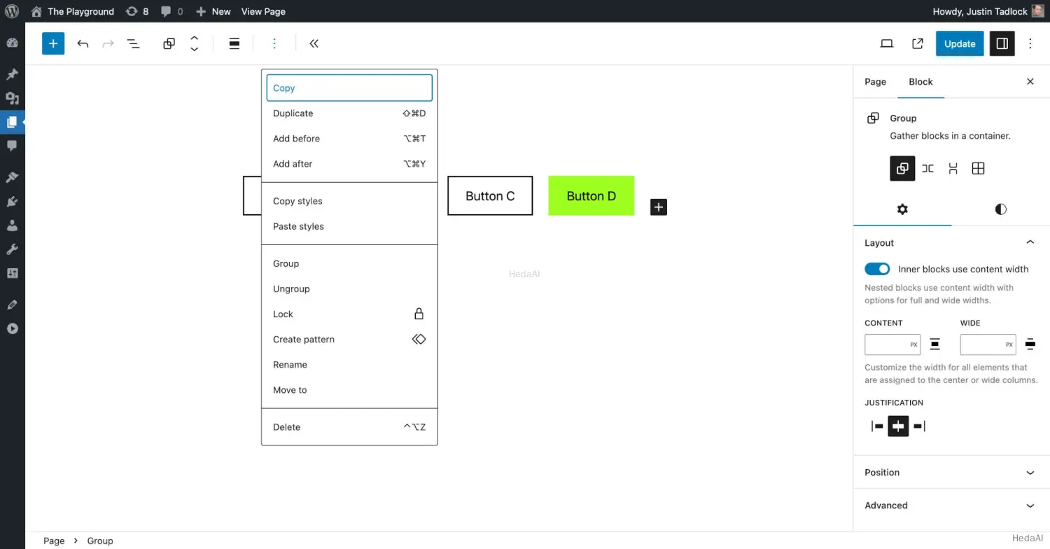 WordPress投稿エディタ、ボタンの行を表示しています。ツールバーからドロップダウンメニューが開いており、コピーコマンドが強調表示されています。